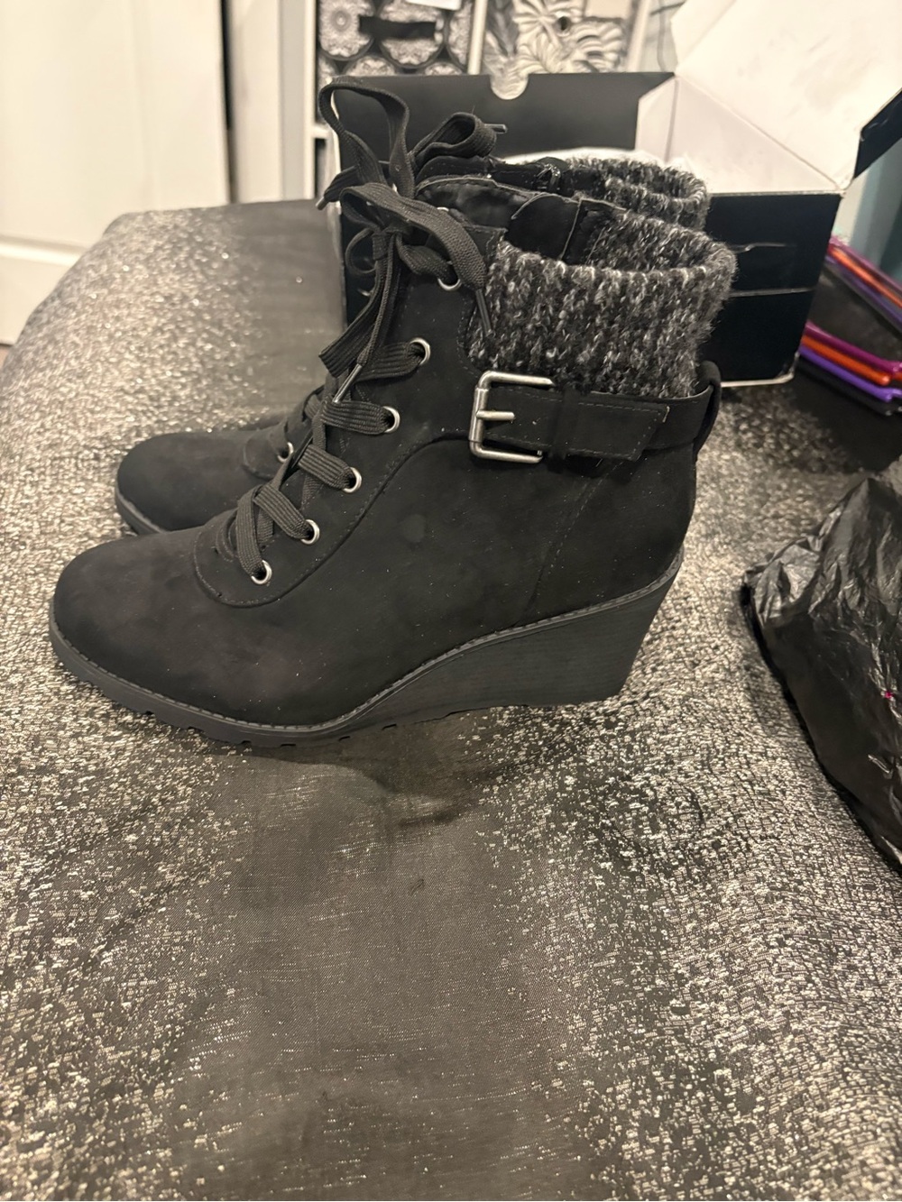 torrid Black Lace-Up Wedge Ankle Boots with Knit Cuff